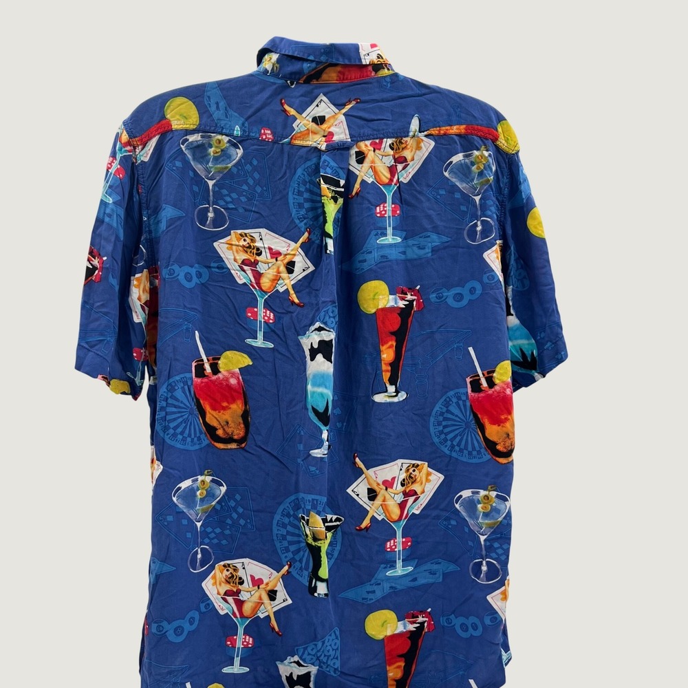 Junction West Mens XXL Casino Pin Up Cocktail Rayon Hawaiian Shirt Blue Retro - Picture 10 of 11